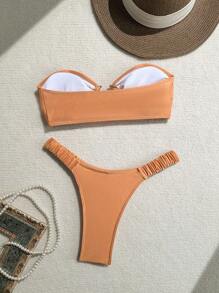 Swim SXY 1 件装女士纯色性感抹胸金属装饰比基尼套装夏季 - 棕色 - 查看 6