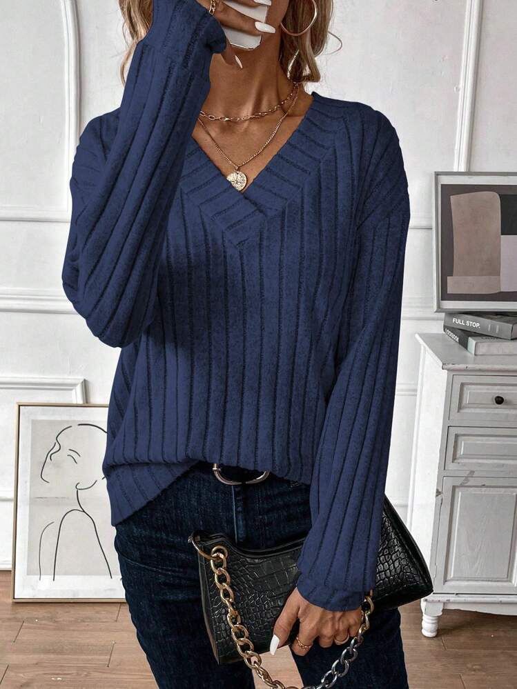 EMERY ROSE V-Neck Drop Shoulder Sleeve Sweatshirt,Long Sleeve Tops Pullover Fall Sweatshirt - Blue - View 4