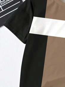 SHEIN Leap Crew 年轻男孩休闲简约时尚经典几何拼布印花圆领短袖宽松T恤，适合夏季 - 白色 - 查看 4