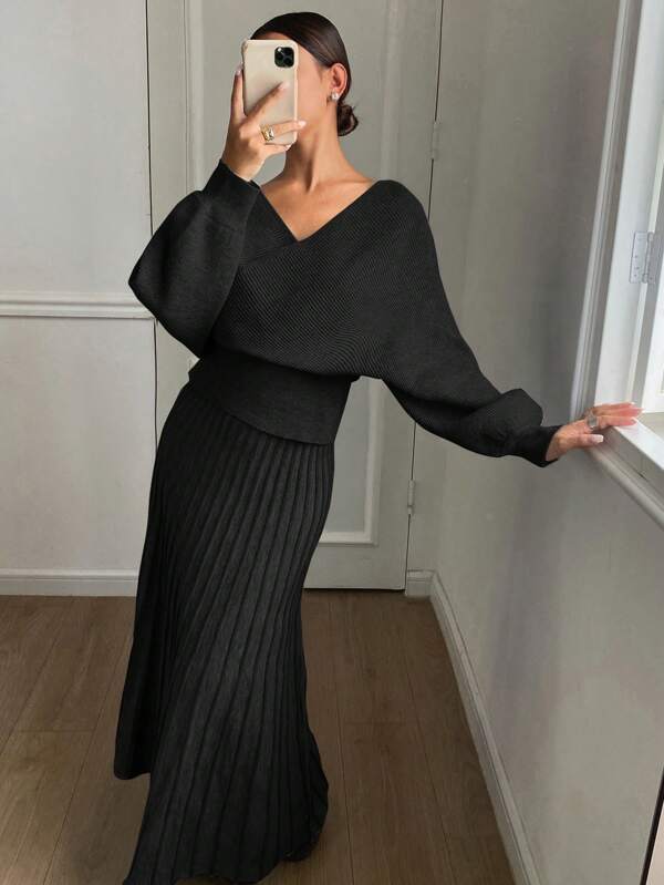 DAZY 2pcs Set: A-Line Solid Color Loose Knit Sweater & Skirt For Women,Fall Clothes