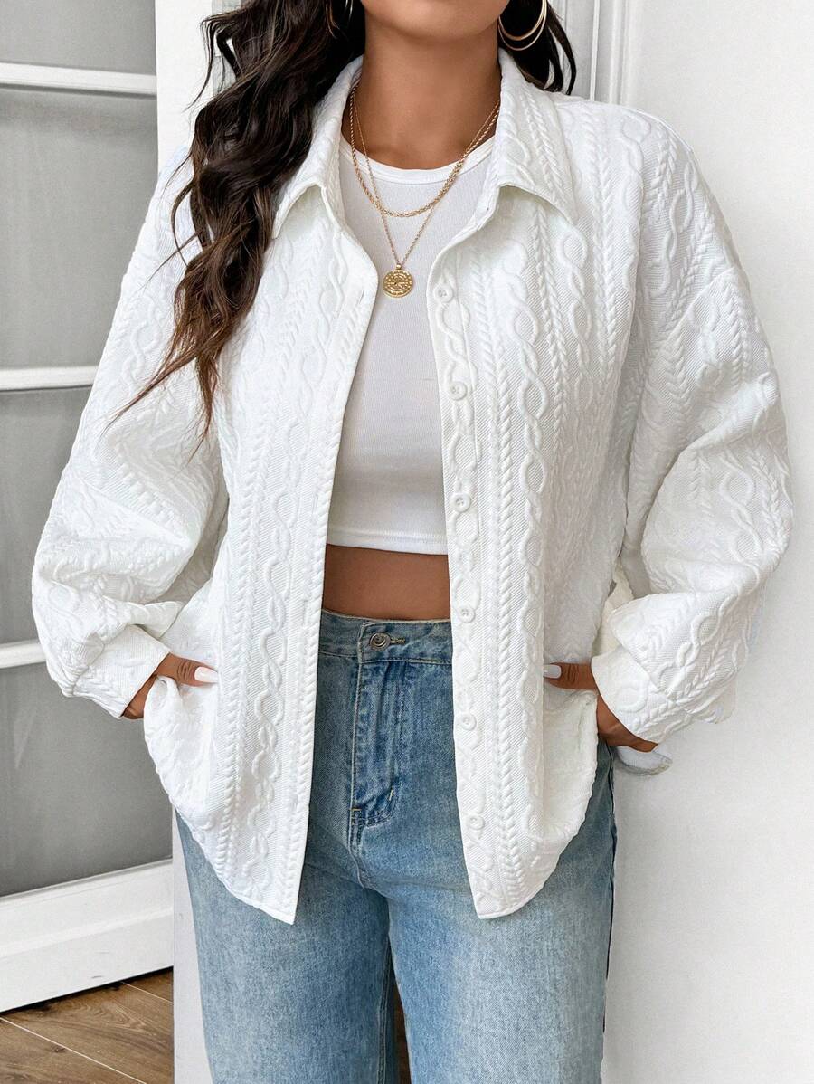 SHEIN Frenchy Plus Size Women Textured White Shirt, Stylish Casual Streetwear - White - View 1