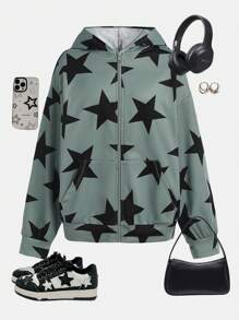 SHEIN Áo nỉ dáng rộng in hình ngôi sao, có túi trước, khóa kéo, dành cho nữ tuổi teen. - Nhiều màu - Xem 1
