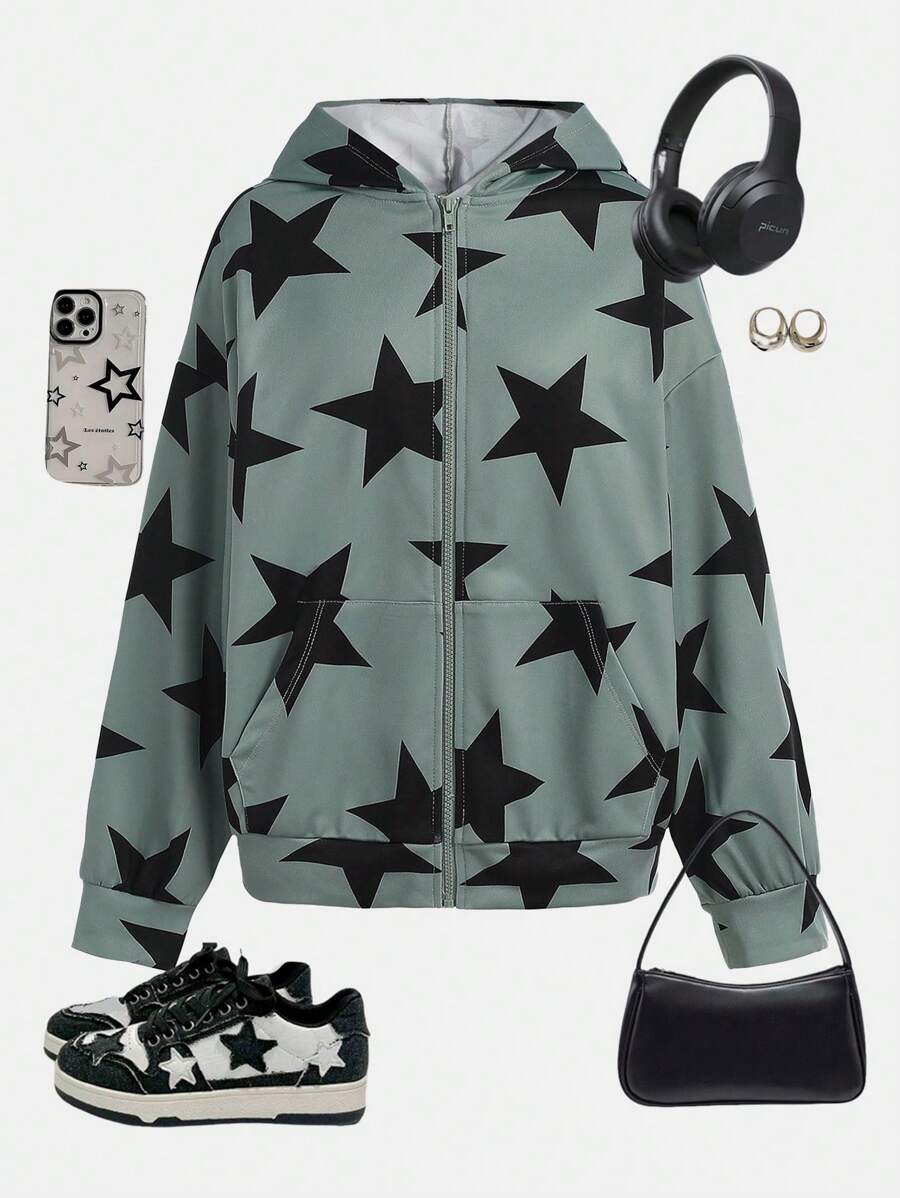 SHEIN Áo nỉ dáng rộng in hình ngôi sao, có túi trước, khóa kéo, dành cho nữ tuổi teen. - Nhiều màu - Xem 1