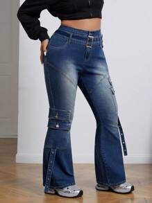 SHEIN EZwear Plus Size Fashionable Casual Washed Flap Pocket Flare Jeans