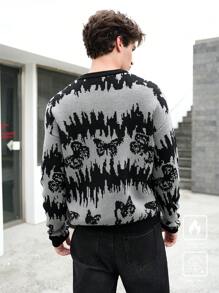 Manfinity Hypemode Men's Casual Contrast Color Pattern Drop Shoulder Pullover Sweater, Autumn/Winter