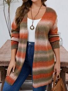 EMERY ROSE Plus Size Casual Color Block Front Open Cardigan, Winter Clothes For Women - Rust Brown - View 4