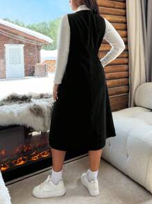 SHEIN EZwear 秋冬季大码纯色正面纽扣简约休闲灯芯绒连衣裙 - 黑色 - 查看 2