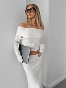 SHEIN Essnce 2pcs Women's Elegant Solid Color Off-Shoulder Top And Skirt Set, Spring/Autumn - White - View 7