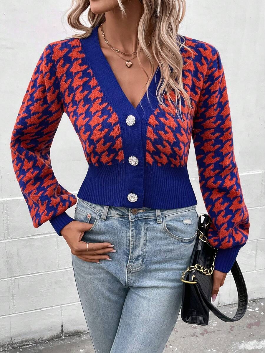 SHEIN LUNE Cardigan Wanita Kasual Sehari-hari Motif Houndstooth Warna Kontras dengan Kancing Depan, Musim Gugur/Dingin - Jeruk - View 1