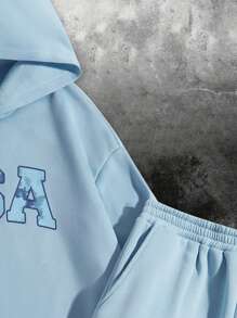 SHEIN 2pcs Loose Fit Teen Boy Letter Print Hoodie Sweatshirt And Shorts Set