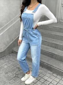 女式宽肩带纽扣多口袋休闲工装裤