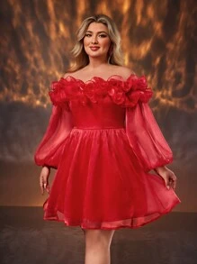 SHEIN Belle Elegant Bright Red Organza Ruffle Trim Off Shoulder Formal Dress, Plus Size, For Gala