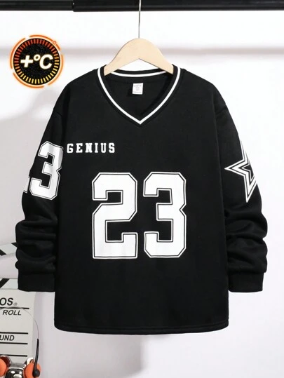 Sudadera deportiva informal con cuello en V y gran gráfico de letras para niño preadolescente, adecuada para otoño, primavera, invierno, apta para jugar al aire libre, ir a la escuela, estilo callejero, fiestas y tiempo libre en casa, gran valor