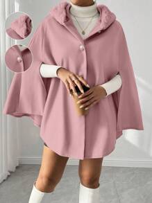 RosyDaze Elegant Solid Color Knitted Hooded Cape Coat With Fluffy Collar, Autumn/Winter - Pink - View 1