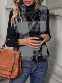 SHEIN LUNE Chaleco/chaqueta casual de color block a cuadros y esponjoso, para otoño/invierno