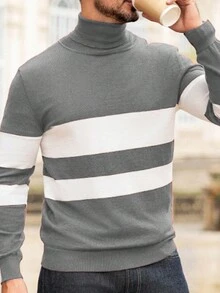 Manfinity Homme 男士条纹高领长袖休闲毛衣，秋冬 - 淺灰色 - 查看 6