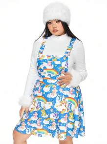 ROMWE X Care Bears 大码休闲可爱卡通熊和彩虹印花背带裙不含 T 恤