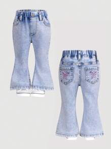 Baby Girl Fashionable Back Pocket Washed Jeans With 3D Butterfly Embroidery Design, Straight Leg