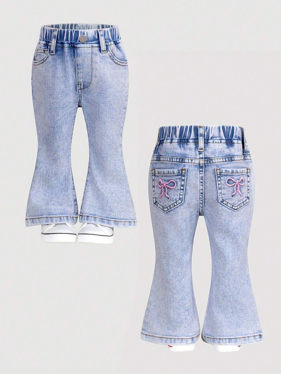 Baby Girl Fashionable Back Pocket Washed Jeans With 3D Butterfly Embroidery Design, Straight Leg