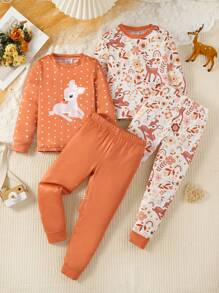 Bộ đồ ngủ 2 món tay dài + quần dài họa tiết chấm bi hoa và hươu dễ thương cho bé gái màu cam san hô - Màu Cam san hô - Xem 1