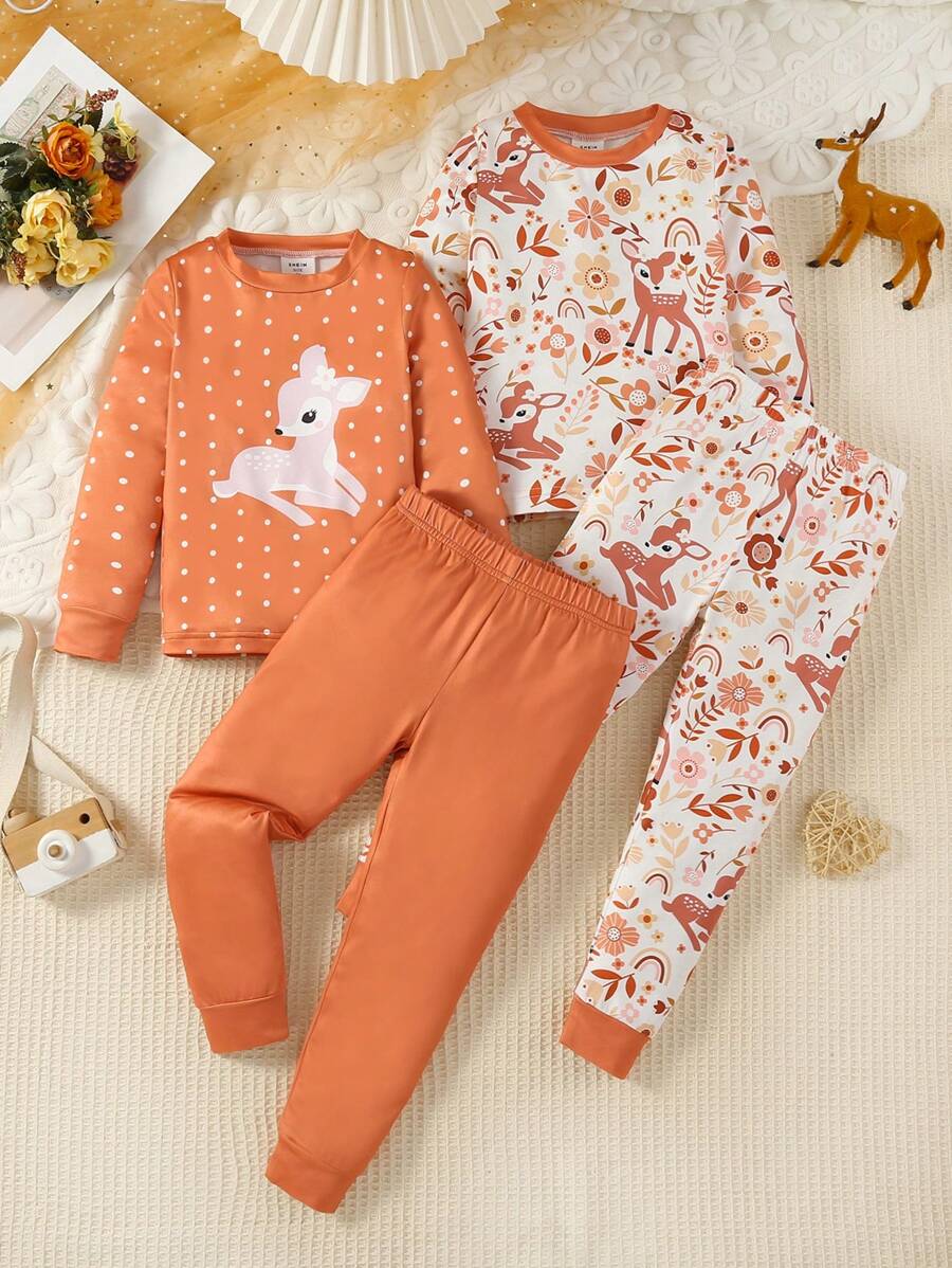 Bộ đồ ngủ 2 món tay dài + quần dài họa tiết chấm bi hoa và hươu dễ thương cho bé gái màu cam san hô - Màu Cam san hô - Xem 1