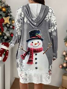 SHEIN LUNE Váy dài tay rộng rãi in hình người tuyết cỡ lớn bằng vải dệt kim dài đến đầu gối có mũ trùm đầu - Nhiều màu - Xem 2