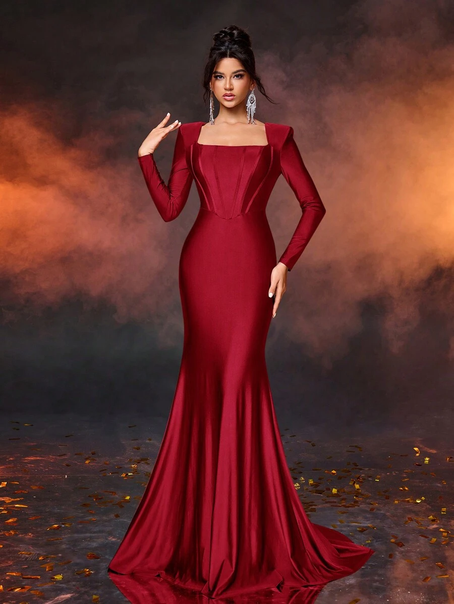 Glamrae Váy dạ hội cổ vuông tối giản thanh lịch, vai đệm dài tay, eo bó, viền đuôi cá, váy dự tiệc cưới, váy dự tiệc, váy trang trọng - Đỏ - Xem 1