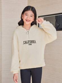 SHEIN Tween Girl Letter Embroidery Half Zip Teddy Sweatshirt - Beige - View 6