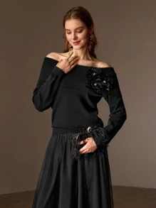 MOTF PREMIUM FOLDOVER OFF SHOULDER STEREO FLOWER DETAIL SWEATER - Black - View 5