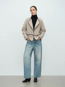 SHEIN LUNE 女士休闲日常撞色饰边纽扣大衣，秋季 - 卡其色 - 查看 4