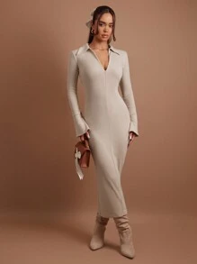 COSMINA Women's Casual Solid Color Slim Fit Long Dress, Autumn