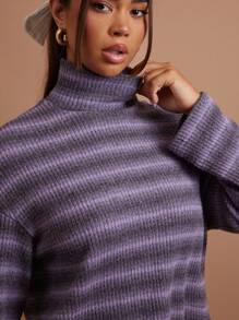 COSMINA Women Casual Striped Loose High Neck Long Sleeve T-Shirt, Autumn - Multicolor - View 3