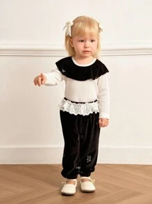 SHEIN 2pcs/Set Girls Embroidered Floral Collar Long Sleeve Top + Waistband Ruffle Cuffs Pants Set, Spring/Autumn - Black - View 6