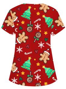 PopScrub Women's Gingerbread & Christmas Tree Print V-Neck Short Sleeve Scrub Uniform Top - Red - View 2