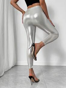 SHEIN Privé Women Solid Color Low Waist Simple Slim Fit Casual Leggings - Apricot - View 4