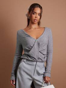 COSMINA Women V-Neck Long Sleeve Plain T-Shirt, Casual For Daily Wear - Grey - View 4