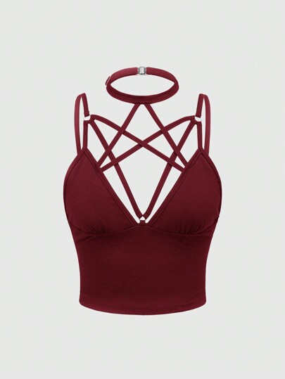 Goth Damen burgunderfarbenes, sexy Pentagramm Schnürtop, Valentinstag