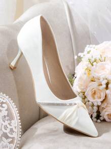 CUCCOO HITCHD Pointed Toe Rhinestone Bow Decor Women High Heel Pumps Prom Heels - White - View 7