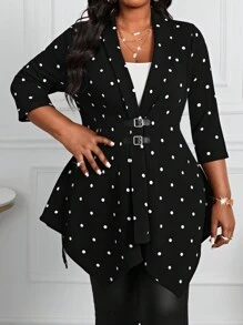 SHEIN Lady Plus Size Black Polka Dots Cardigan With Mid-Length Sleeves & Metal Buckle, Asymmetric Hem Women's Coat Fall Women Outfits Fall Outfits Going Out Outfits Winter Fall Women Clothes Winter Clothes For Women