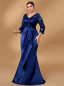 Serin Vestido elegante y lujoso de la madre de la novia para bodas, gala y banquetes, de material de satén elástico con bordado de malla con lentejuelas azul marino, escote en V profundo, recogido y con volantes en la Bottom - Azul Marino - Ver 6