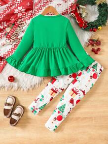 2 件套女童圣诞套装，带荷叶边喇叭袖上衣和雪人印花裤套装 - 綠色 - 查看 2