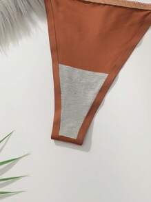 Minimalist Solid Color Wire-Bra And Thong Underwear Set - Brown - View 3