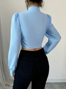 Chiquease بلوزة نسائية بكم فانوس شفاف من الشبك مع طوق مرتفع وربطة - الأزرق - مشاهدة 2