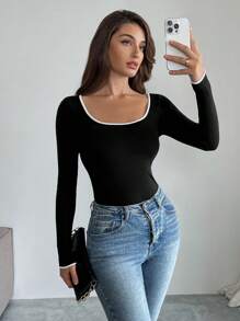 Firerie Maglione girocollo a costine con maniche lunghe e colore a contrasto per donna - Bianco e nero - Visualizzare 1