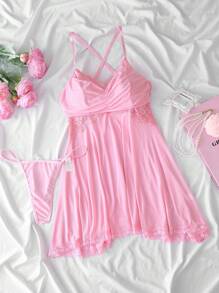 SHEIN 2 件套女士性感吊带睡袍套装，蕾丝拼接，透明，浪漫，甜美 - 粉色 - 查看 6