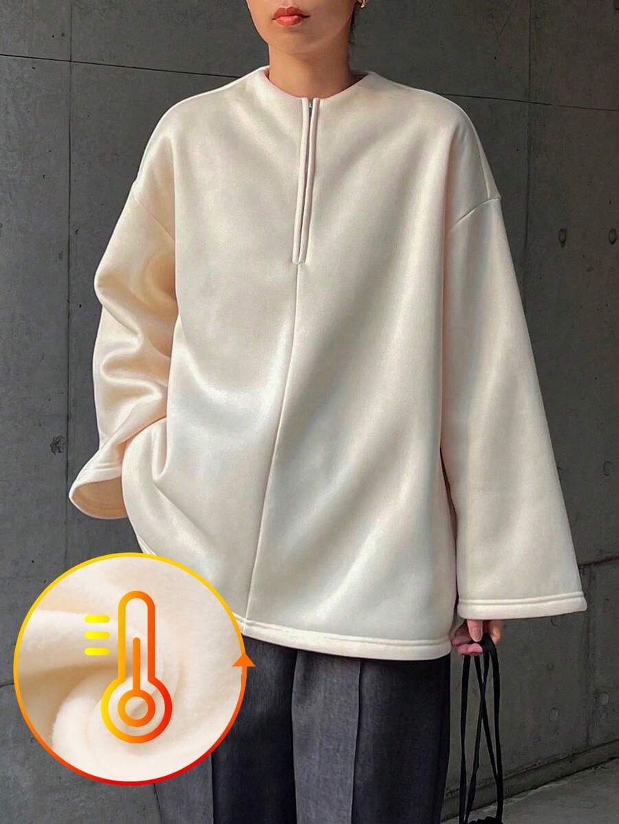 FRIFUL 女士纯色半拉链休闲长袖T恤，带保暖内衬，冬季 - 米色 - 查看 1