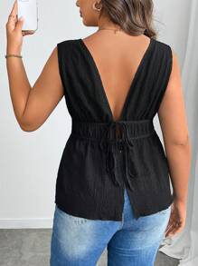 INAWLY Plus Size Textured Deep V-Neck Ruffle Hem Cami Shell Top, Summer - Black - View 2