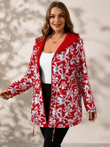 SHEIN Clasi 大码女式秋季双面花卉印花长袖连帽夹克 - 酒紅色 - 查看 8