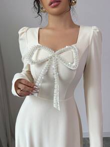 Modelyn 1pc Women Apricot Elegant Knit Faux Pearl Bowknot Waist A-Line Long Sleeve Dress Maxi Women Outfit Long Evening Dresses - Apricot - View 3