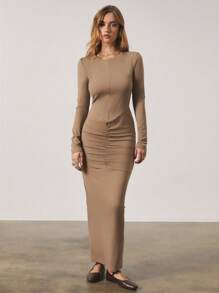 SHEIN Unity Women Long Khaki Sleeve Bodycon Ruched Long Dress, Winter